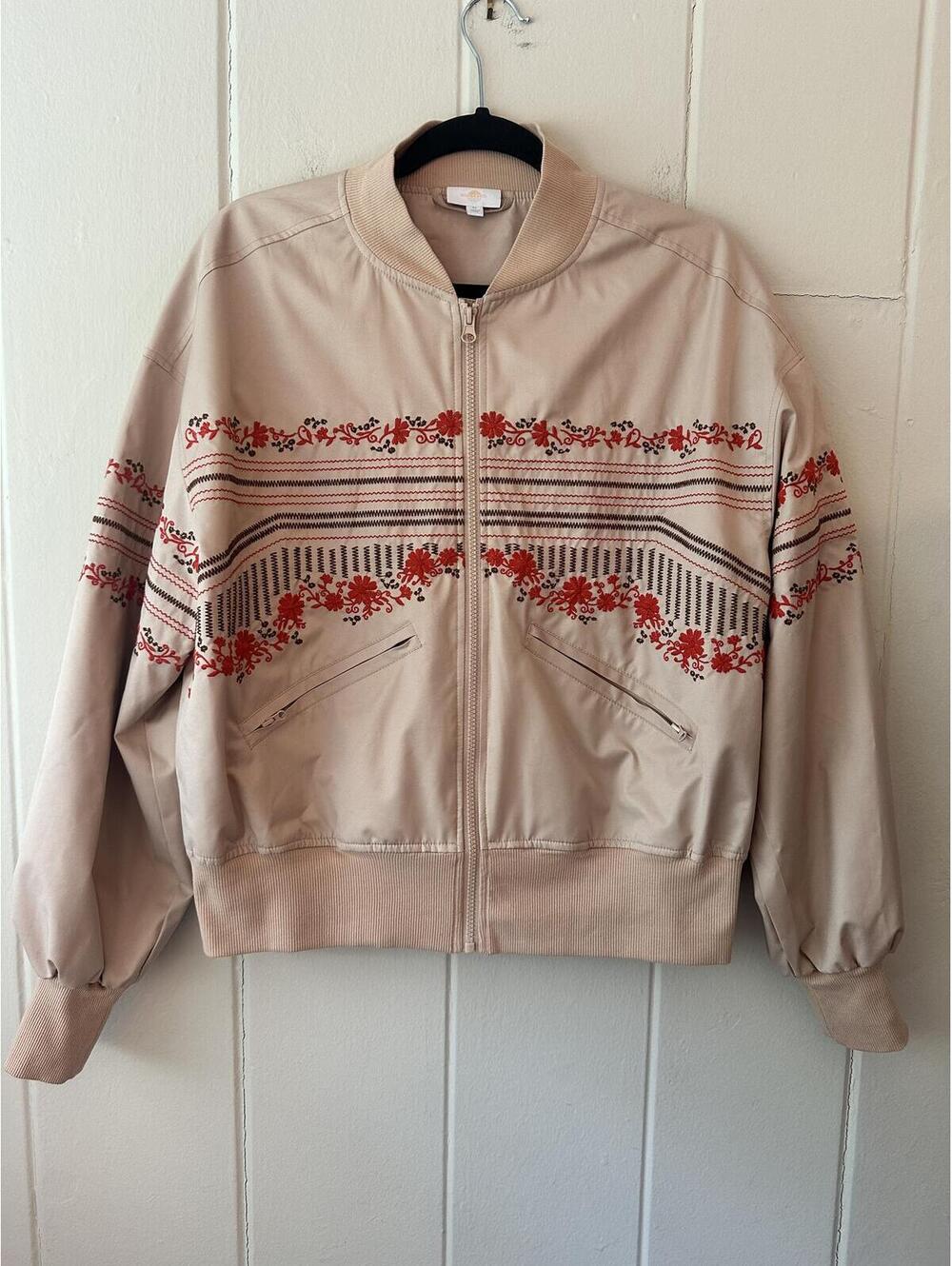 Body & Sol Bomber Jacket Tan with Embroidery Relaxed Fit Lightweight Size Medium